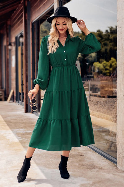 Collared Button Front Tiered Midi Dress