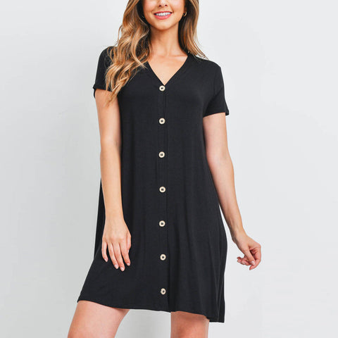 Button Front A-Line Dress | Dress | above the knee, button front dress, classic black dress, cocktail dress, cocktail little black dress, little black dress, love kuza, Made in USA, new arrival, new arrivals, occasion dress, spring, still made in usa, transition | Love, Kuza