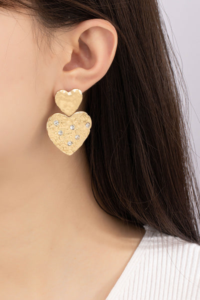 Doubled hammered heart drop earrings w/rhinestones