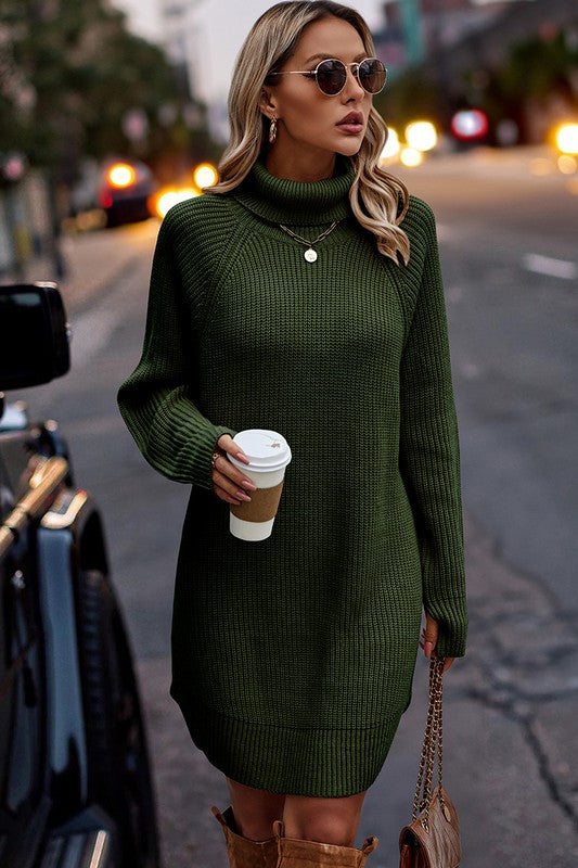 Love Kuza Chunky Knit Turtleneck Sweater Dress Green / XLarge (12-14)