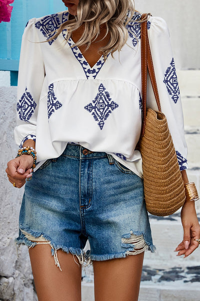 Moroccan Blue in White Blouse