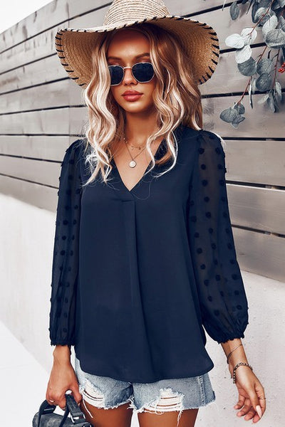 Dotted Sleeves V-Neck Blouse