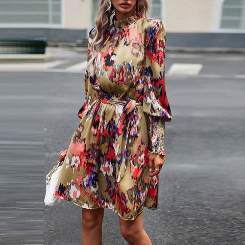 Artsy Floral Tie Waist Dress | Dress | Above the knee, above the knee dress, Abstract Floral Wrap Dress, elings, floral pleated dress, Long Sleeve Dress, mock neck, mock neck dress, mock neck dresses, new arrivals, ruffle, ruffle neck, ruffles, smocked, smocked cuffs, solid, tiered dress | Love, Kuza