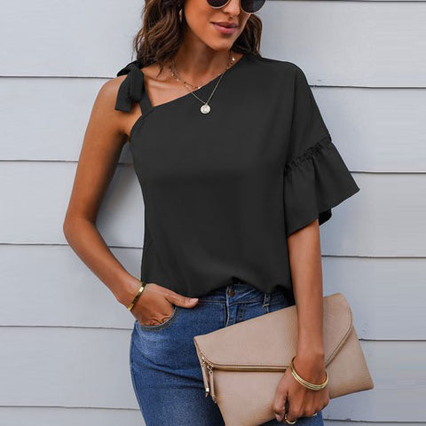 One Shoulder Tie Ruffled Sleeves Top | Fashion Top | elings, layering piece, layering top, loose fit, loose fit top, love kuza, lovely top, new arrival, new arrivals, pretty top, short sleeve, short sleeve top, soft knit top, solid top, versatile top | Love, Kuza