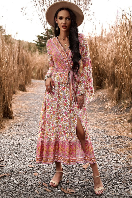 Love Kuza Border Boho Wrap Midi Dress Blue / Medium (6-8)