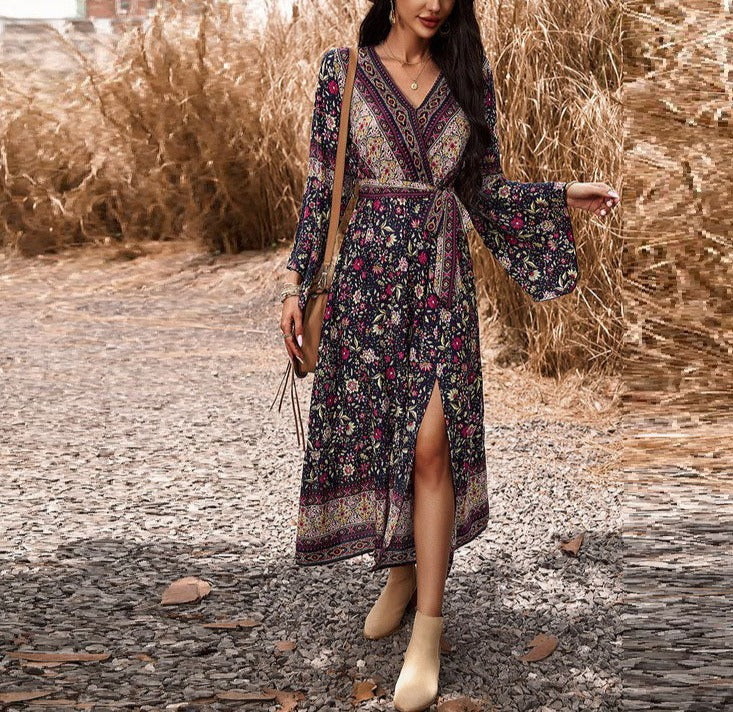 Love Kuza Border Boho Wrap Midi Dress Blue / Medium (6-8)