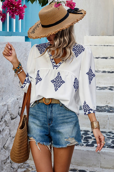 Moroccan Blue in White Blouse