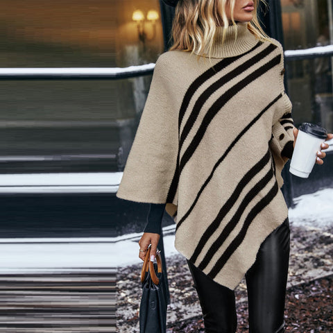 Asymmetrical Stripes Cozy Poncho | Outerwear | cape, comfortable, comfy, cozy, cozy poncho, elings, fall, kimono, knit, new arrivals, Oversized, poncho, Ponchos, pullover, side slits, transition, turtle neck, warm, winter | Love, Kuza