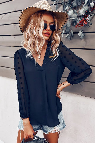 Dotted Sleeves V-Neck Blouse
