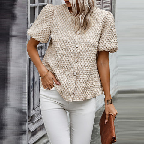Pearl Adorned Textured Shirt | Shirts & Blouse | elings, layering piece, layering top, loose fit, loose fit top, love kuza, lovely top, mock neck, new arrival, new arrivals, pretty top, short sleeve, short sleeve top, short sleeves, soft knit top, solid top, versatile top | Love, Kuza