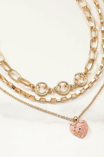 Pink Enamel & Goldtone Check Heart Pendant Trio Layering Necklace Set