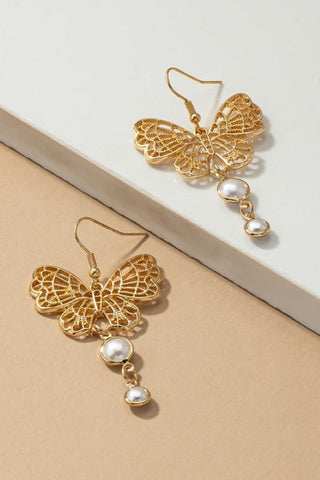 Filigree butterfly with pearl drop earrings | Accessories | accessories, beads, coral, drop earrings, earrings, gold, ornate, very carrot | Very Carrot