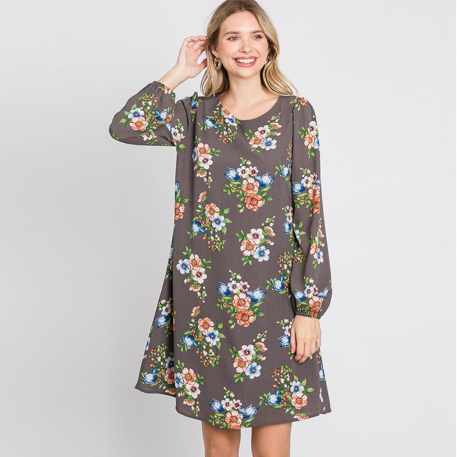 Love Kuza Floral Stripe Shift Dress Grey / Large (12-14)
