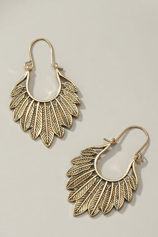 Boho fan shape feather drop earrings | Accessories | accessories, drop earrings, earrings, gold, ornate, very carrot | Very Carrot