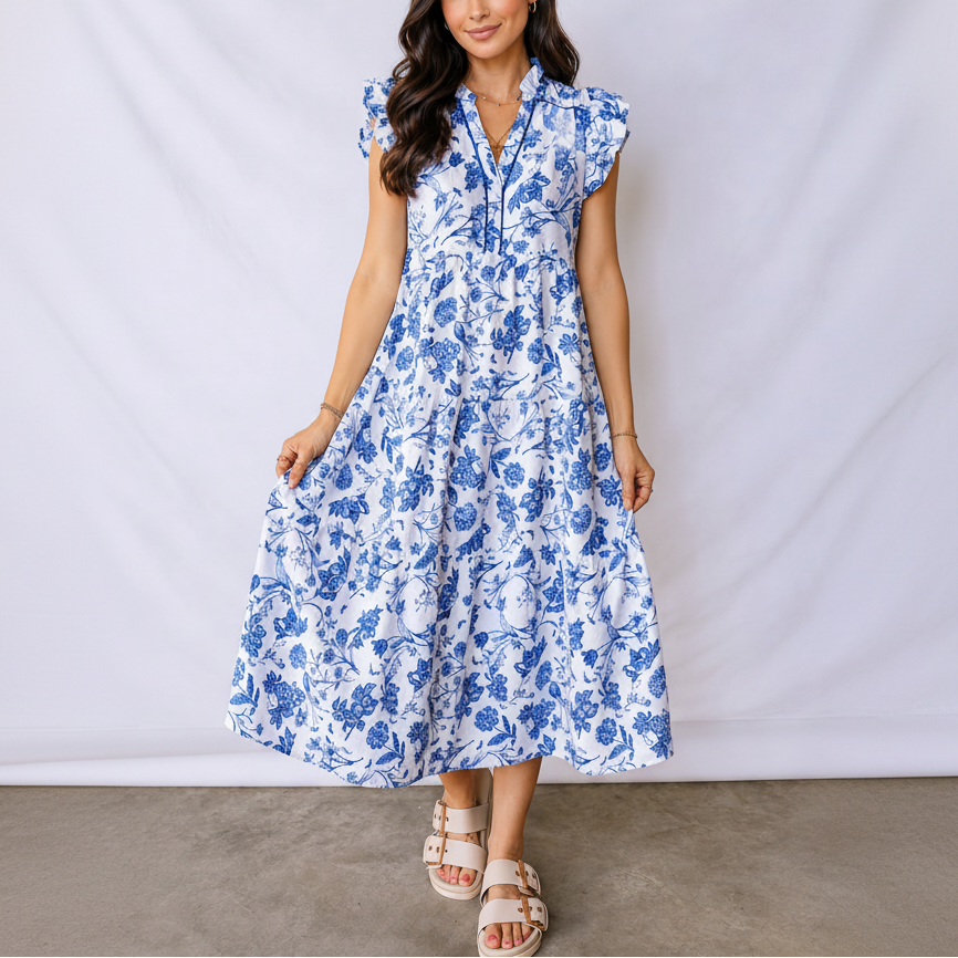 Blue Willow Breeze Tiered Midi Dress