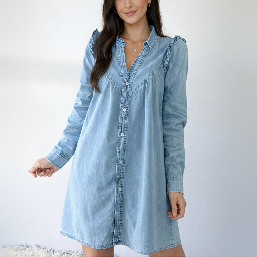 Love Kuza Sky Denim Ruffle Yoke Shirt Dress – Love, Kuza