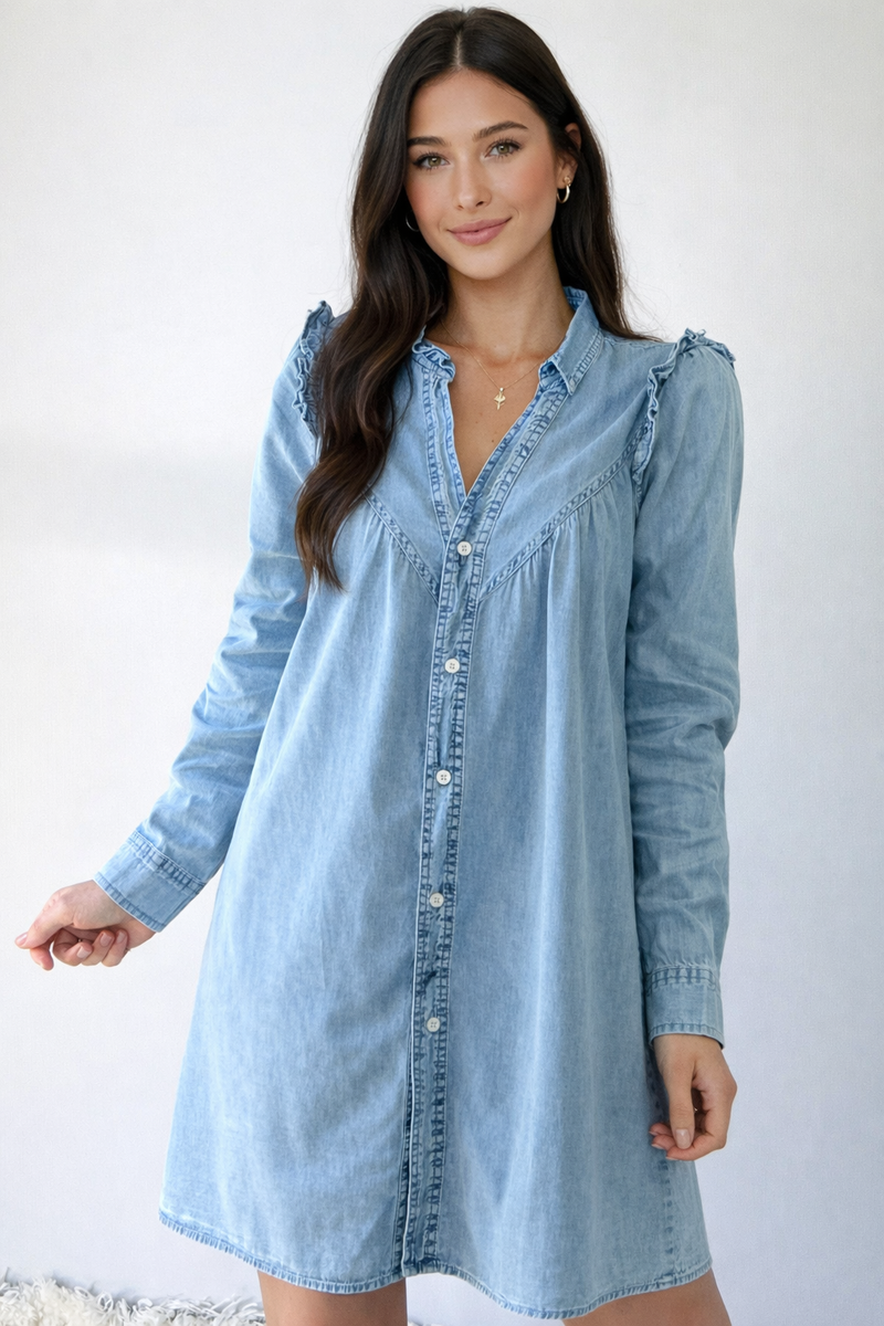 Love Kuza Sky Denim Ruffle Yoke Shirt Dress Denim / Large (10-12)