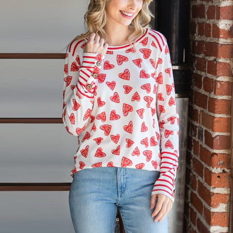 Heart Print Knit Top with Sleeve Buttons | Fashion Top | long sleeve, long sleeve top, long sleeves, Made in USA, round neck long sleeve top, tops | Love, Kuza