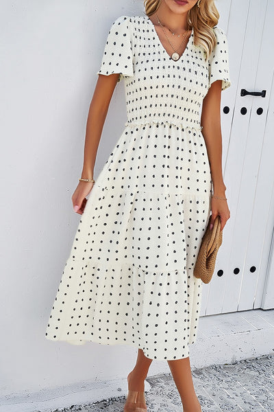 Dotted Smocked Tiered Midi Dress