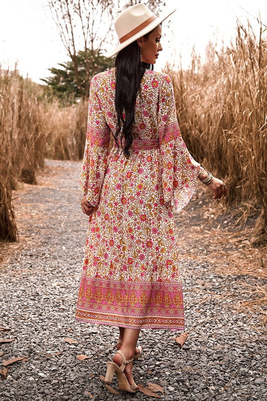 Love Kuza Border Boho Wrap Midi Dress Blue / Medium (6-8)