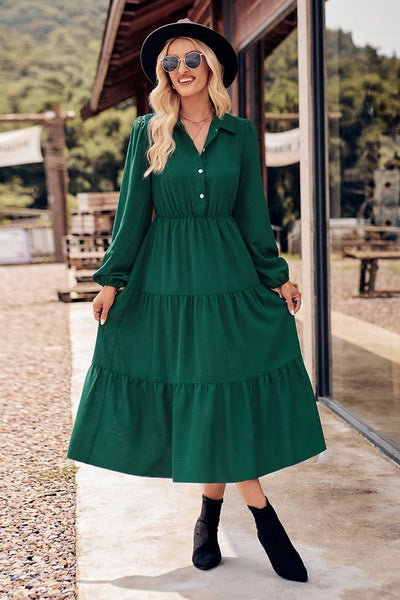 Collared Button Front Tiered Midi Dress