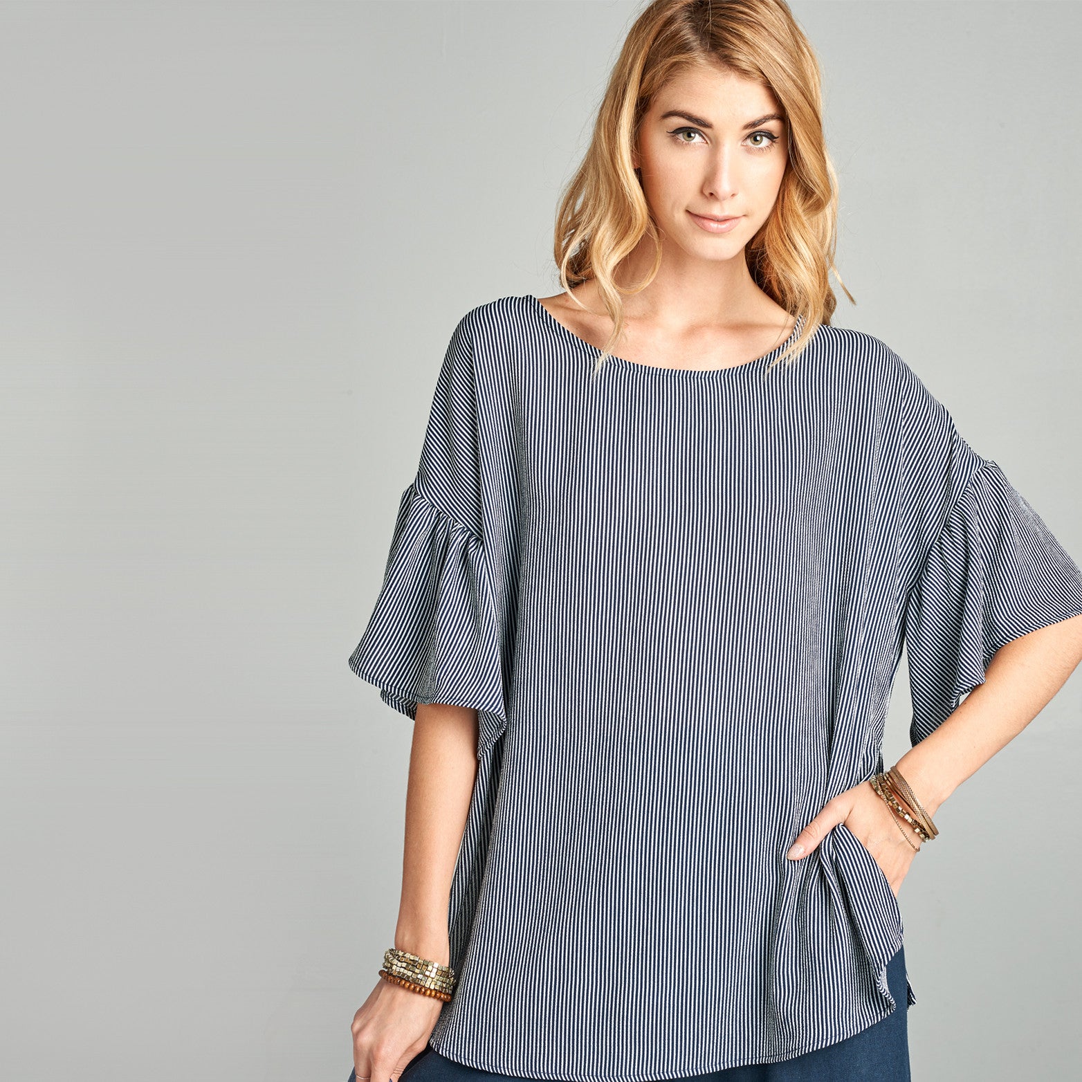 Relaxed Fit Striped Bell Sleeve Top - Love, Kuza