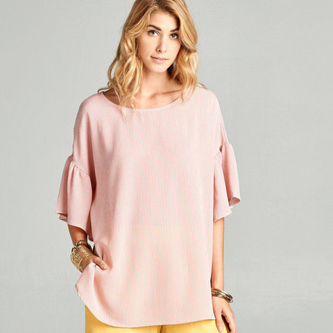 Relaxed Fit Striped Bell Sleeve Top | Fashion Top | bell sleeve, blouses, blue, charcoal, grey, heather charcoal, light pink, lightweight, loose fit, Made in USA, mauve, Oversize Tunic, pink, print top, pullover, short sleeve top, soft, spring, spring2019, summer | Love, Kuza