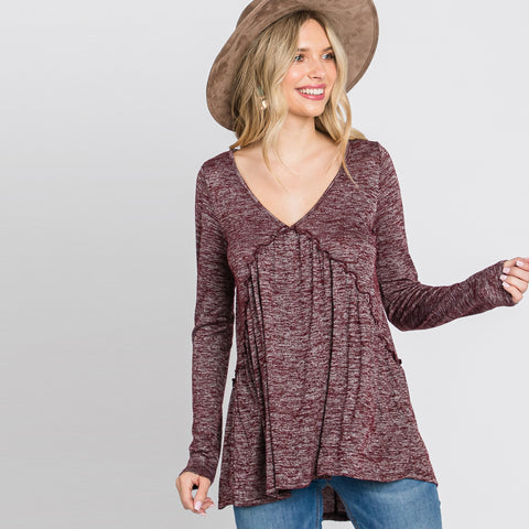 Heather Baby Doll Top | Fashion Top | baby doll long sleeve top, burgundy, burgundy long sleeve top, burgundy top, heather baby doll top, long sleeve top, Made in USA, solid top | Love, Kuza