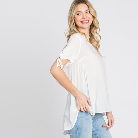 Lace Me Up Blouse | Fashion Top | Blouse, lightweight blouse, lightweight high low top, love kuza, pretty ivory blouse, pretty ivory top, round neck ivory top, shoulder detail top, sleeve detail top, Spring2022, white blouse, white top | Love, Kuza
