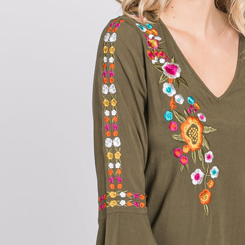 Embroidered Delight Tunic | Fashion Top | above the knee, dresses, embroideredred tunic dress, everyday dress, Fall2021, love kuza, olive tunic dress, Spring2021, swing dress, vneck dress | Love, Kuza