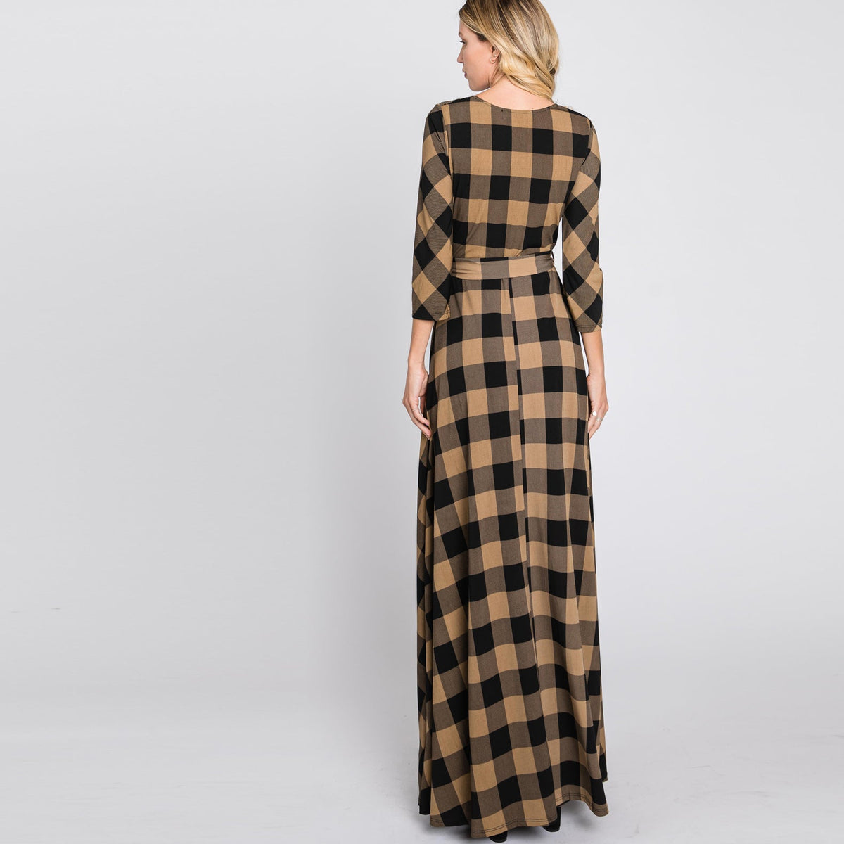 love kuza maxi dress Love Kuza Camel Buffalo Plaid Venechia Maxi Wrap Dress Camel/Black Plaid / Small (2-6)