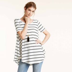 Totter Stripe Waffle Knit Top | Fashion Top | asymmetrical button floral top, black, black and white, Black top, casual, casual day, casual top, comfy, fall, fashion, lightweight, lightweight top, loose fit top, love kuza, Made in USA, Oversize Tunic, print top, pullover, short sleeve top, soft top, spring, Spring2019, stretchy top, stripe, stripe thermal top, stripe top, summer, swing top, thermal, tops, transition, White, white and black, white top, winter | Love, Kuza