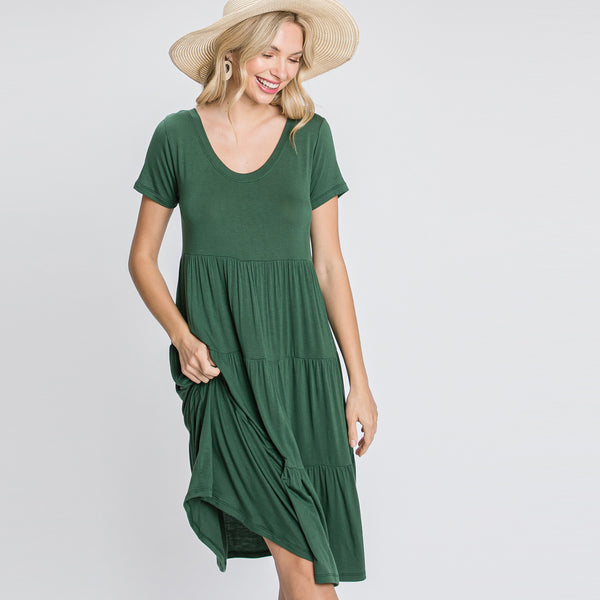 Short Sleeve Casual Tiered Dress | Dress | Above the knee, above the knee dress, ash, black, Black tiered dress, casual, casual and everyday, charcoal, charcoal tiered dress, everyday, green, green tiered dress, grey, hunter green, Made in USA, red, red tiered dress, rouge, round neck, Saturated Hues, scarlet, shift dress, shirt dress, Short Sleeve tiered dress, solid, spring, Summer2021, tee shirt, tiered summer dress | Love, Kuza
