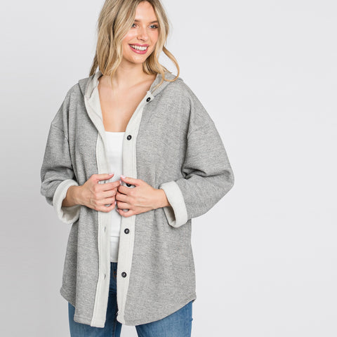 Fleece Button-Up Jacket | Outerwear | button down hoodie sweater, button up hoodie, cardigan, Cardigans, comfy, cozy, cuff sleeve sweater hoodie, Fall2021, Fleece Button-Up Sweater Jacket, fleece jacket with buttons and hoodie, grey, heather grey, hoodie jacket sweater, long sleeve cardigan, love kuza, Made in USA, open front hoodie sweater, outerwear, oversize, Sweater, sweater with hoodie and buttons | Love, Kuza
