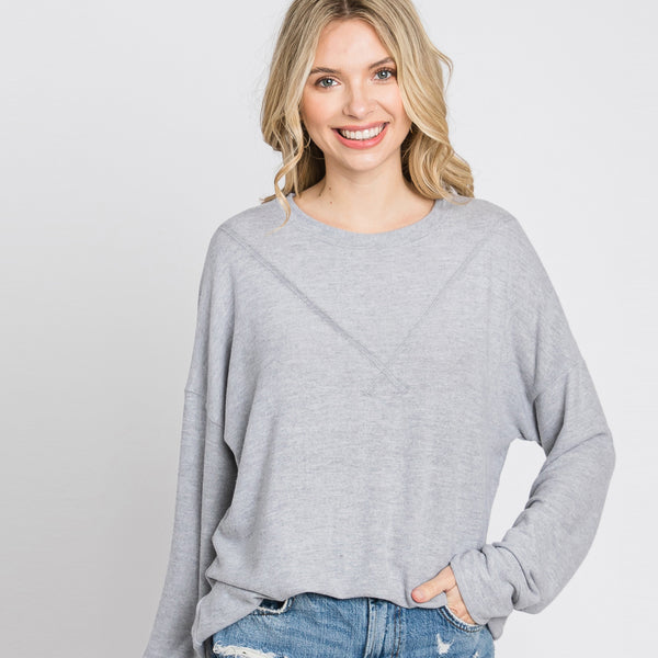 Inside-Out Stitch Solid Sweater Top | Fashion Top | Fall2021, grey long sleeve top, grey top with stitch accent, Inside-out Stitch Accent Sweater, Inside-out Stitch Solid Sweater, long sleeve top, Made in USA, new arrival, Oversize tunic, round neck, solid top, Stitch accent long sleeve top, tops | Love, Kuza