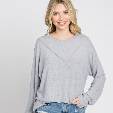 Inside-Out Stitch Solid Sweater Top | Fashion Top | Fall2021, grey long sleeve top, grey top with stitch accent, Inside-out Stitch Accent Sweater, Inside-out Stitch Solid Sweater, long sleeve top, Made in USA, new arrival, Oversize tunic, round neck, solid top, Stitch accent long sleeve top, tops | Love, Kuza
