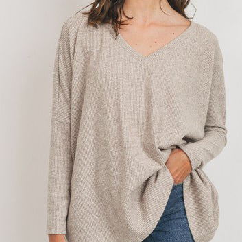 Classic V-Neck Sweater Top | Fashion Top | brushed knit long sleeve sweater, classic sweater top, classic v neck ribbed sweater, Classic V-Neck Sweater Top, Fall2021, long sleeve top, love kuza, Made in USA, solid top, sweater, taupe sweater top, v-neck long sleeve sweater top | Love, Kuza