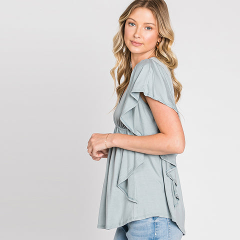 Ruffled Day Dream Blouse | Fashion Top | blouse, casual, comfy, dreamy blouse, lightweight blouse, love kuza, lovely top, pretty baby doll top, pretty top, round neck top, ruffled blouse, short sleeve top, solid top, Spring2022, v-neck top | Love, Kuza
