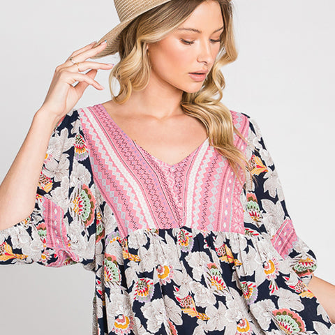 Floral Escape Tunic Blouse | Fashion Top | abstract print top, balloon sleeve top, bishop sleeve top, Blouse, floral print top, lightweight top, love kuza, oversize tunic, oversize tunic top, print top, short sleeve top, spring floral top, spring top, spring2022, summer floral top, summer top, v neck top | Love, Kuza
