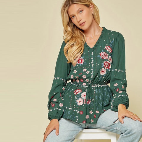 Lovely Embroidered Blouse | Fashion Top | Bishop sleeve top, blouse, elastic waist, elastic waist top, embroidered, embroidered puff sleeve top, embroidered top, flower embroidered top, long sleeve bishop sleeve top, long sleeve blouse, long sleeve embroidered top, long sleeve top, love kuza, print top, v neck top | Love, Kuza