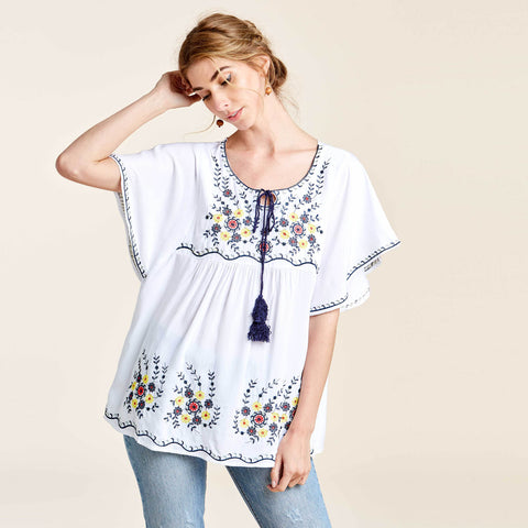Floral Embroidered Kimono Top | Fashion Top | 100% viscose, blouse, blouses, blue, boho, bow, embroidered, embroidery, everyday, floral, flower, flower print, flutter sleeve, fresh, Ivory, ivory fur coast, Japanese, lightweight, lightweight cardigan, mauve, navy, print top, red, short sleeve top, spring, summer, Summer2019, tie, transition, trendy, tunic, White | Love, Kuza