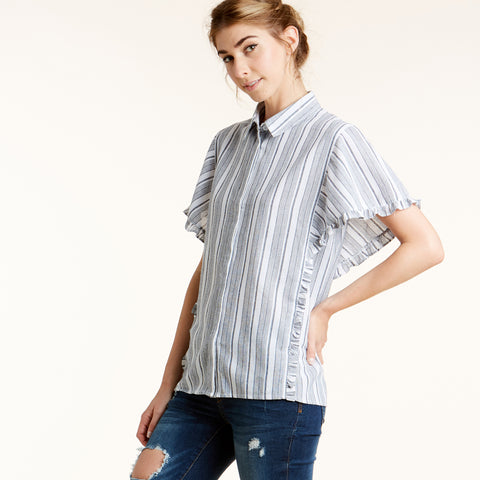Stripe On Me Ruffled Shirt | Fashion Top | 100% cotton, black, Black Button Down Shirt, Black top, button down, casual, casual and everyday, casual wear, comfortable, comfy, cotton, denim, everyday, grey, Ivory, love kuza, new arrival, on trend, plaid top, print top, ruffle shirt, shirt, short sleeve top, spring, spring2019, stripe, Striped Top, stripped, summer, transition, trendy, White | Love, Kuza