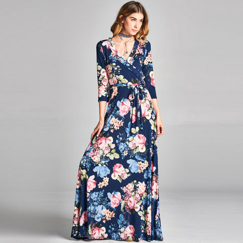 Navy Wrapped in Petals Venechia Maxi Wrap Dress | Dress | 3/4 sleeve, bow, floral, flower, ivory, long sleeve floral dress, maxi wrap, maxi wrap dress, navy, pink, tie, V-neck, venechia, venechia dress, venechia maxi dress, venechia wrap dress, venechia wrap dresses, wrap | Love, Kuza