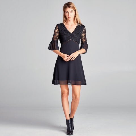 Bell Sleeve Medallion Lace Dress | Dress | Above the knee, bell sleeve, bell sleeves, black, black dress, chiffon, contrast lace layered top, evening, fall, form-fitting, lace, little black dress, low back, medallion lace, mini, ocassion, occasion, occasion dress, Oversized Brushed Fabric V-NEck Black Dress, solid, spring, summer, tie, v neck, winter | Love, Kuza