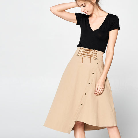 Uneven Cotton Twill Skirt | Skirts | beige, casual, fall, olive, skirt, taupe, trendy, Uneven Twill Midi Skirt, winter | Love, Kuza