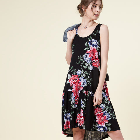 Black Floral Drop-Waist Dress | Dress | above the knee, black, casual and everyday dress, drop-waist, everyday dress, floral, Floral Sleeveless Maxi Dress, flower, hi-lo, high low, high-lo, low waist, Made in USA, sleeveless, sleeveless08052022, spring, summer, Summer2019, transition | Love, Kuza