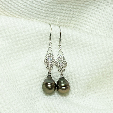 Corinne Tahitian Pearl Drop Flower Earrings | Earrings | 925 sterling silver, baroque pearls, Black pearl, black pearls, cultured pearl, cultured pearl earrings, dangle earrings, drop earrings, earrings, Fine Jewelry, flower earrings, intricate design earring, Jewelry, new arrivals, Pear Earrings, pearl earrings, S925, S925 earrings, sterling silver earring, tahitian pearl drop earring, Tahitian Pearl Single Earing, unique pearl | Dikuza