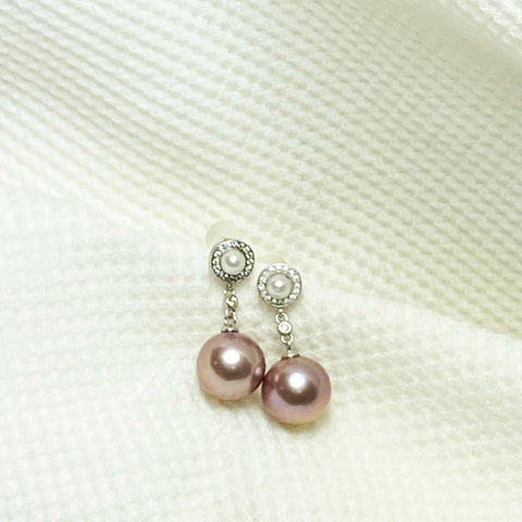 Connie Fresh Water Double Pearl Drop Earrings | Earrings | 925 sterling silver, cultured pearl earrings, cultured pearls, dangle earrings, drop earrings, earrings, Fine Jewelry, fresh water pearl earring, fresh water pearls, intricate design earring, metallic pearl, metallic pearl earrings, new arrivals, pearl earrings, purple pearl earrings, S925 earrings, silvery pearls, sterling silver earring, unique pearl | Dikuza