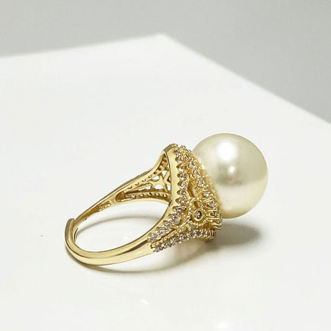 Ava South Sea Gold Pearl Pavé Ring | Rings | 14k gold plated pearl ring, adjustable ring, cultured pearls, Fine Jewelry, gold pearl ring, gold plated pearl ring, gold ring, new arrivals, pave ring, pearl ring, rings, S925 gold plated ring, south sea pearl, South Sea Pearl Pavé Ring, unique pearl, white pearls, zircon ring | Dikuza