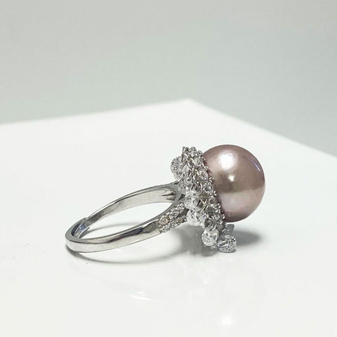 Avery Fresh Water Pearl Ring with Dancing Stones | Rings | adjustable ring, cultured pearls, Fine Jewelry, fresh water pearl ring, Fresh Water Pearl Ring W/Dangling Diamonds, new arrivals, pearl and zircon ring, pink pearls, purple pearls, rings, s925 ring, silvery pearls, sterling silver ring, unique pearl | Dikuza